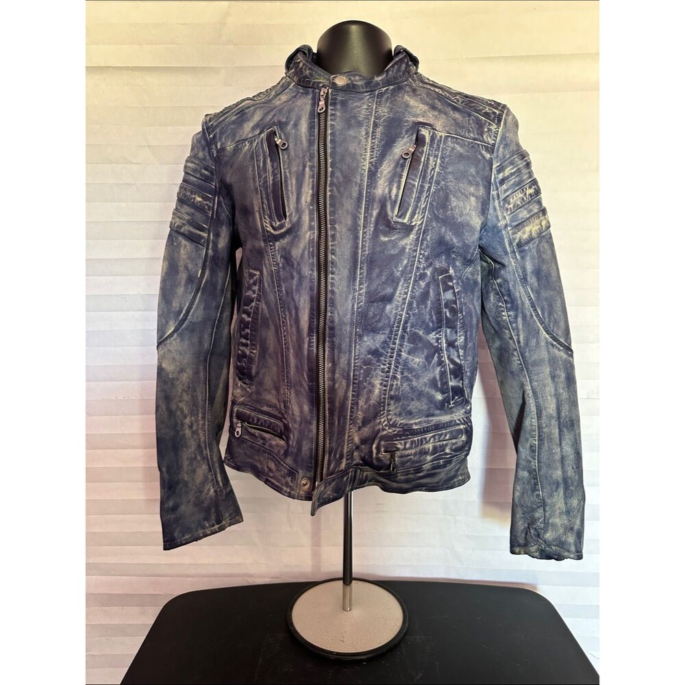 Men's Distressed Blue Leather Jacket Size Large Vintage Moto Biker Style